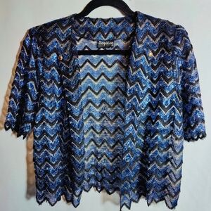Vintage 80s Boyston Metallic Blue/Black Lace Cropped Blazer Size M